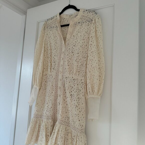 Veronica Beard Lace Mini Dress Sz 4 In Stone Khaki Button Down Ruffle Skirt - Picture 1 of 11